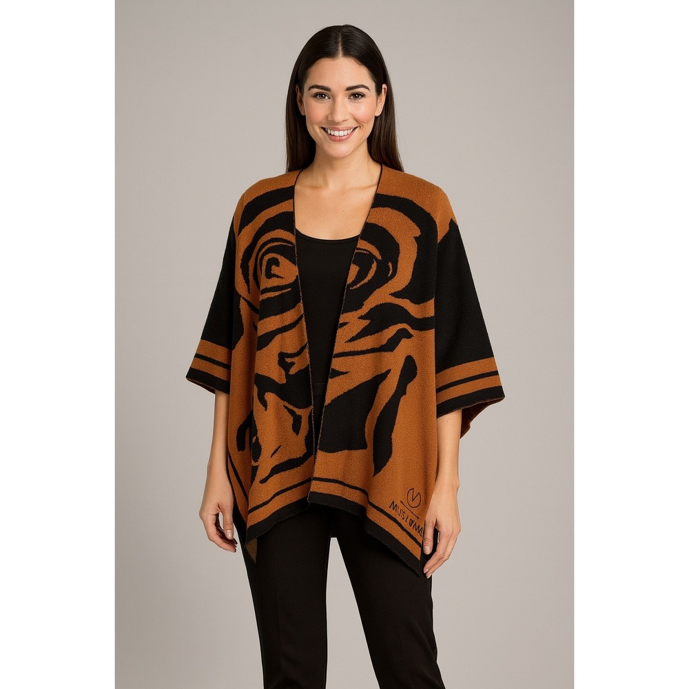 Ming Wang Womens Brown Black Knit Rose Sweater Shawl One Size OSFA
